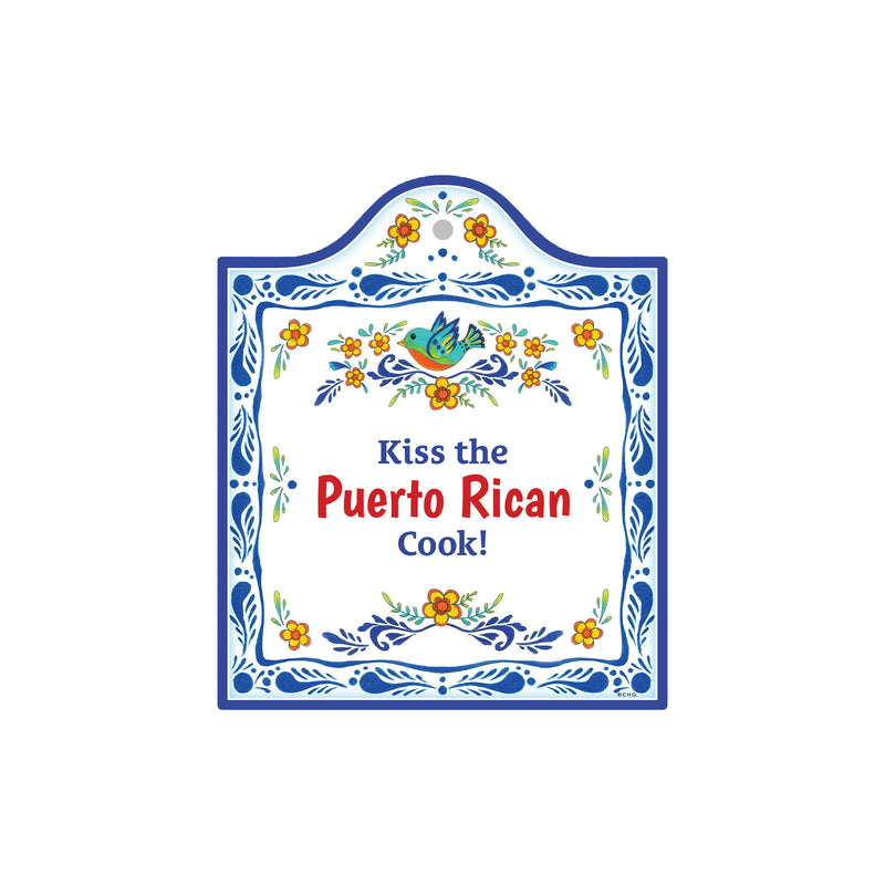 "Kiss the Puerto Rican Cook" Spanish Gift Idea Latino Regalo Ceramic Cheeseboard Decorative 7.5" Trivet Bird Motif with Cork Backing - Blue