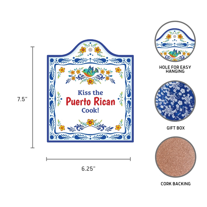 "Kiss the Puerto Rican Cook" Spanish Gift Idea Latino Regalo Ceramic Cheeseboard Decorative 7.5" Trivet Bird Motif with Cork Backing - Blue