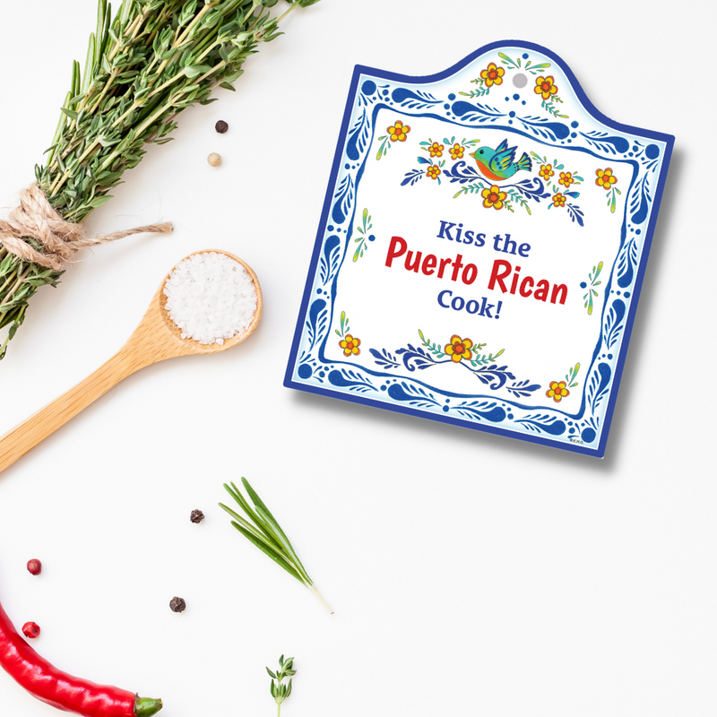 "Kiss the Puerto Rican Cook" Spanish Gift Idea Latino Regalo Ceramic Cheeseboard Decorative 7.5" Trivet Bird Motif with Cork Backing - Blue