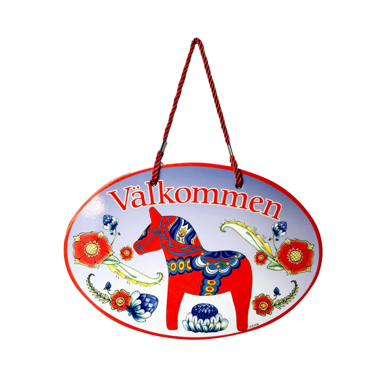 "Valkommen" Swedish Red/Orange Dala Horse Traditional Artwork, Ceramic 8.75x6 inches Front Door Sign with Traditional Raised Relief Artwork, Scandinavian Home Decoration