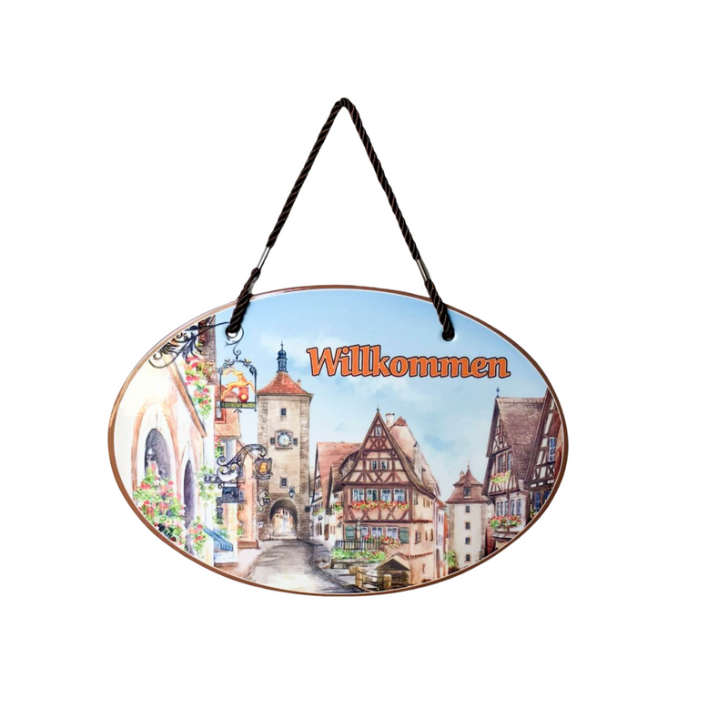 "Wilkommen" Ceramic 8.75x6 inches Front Door Sign or Wall Decor with Traditional Raised Relief German Village Artwork, European Home Decoration