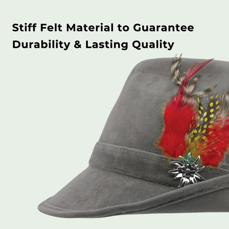 "German Hunter" Gray Hat Fedora And Edelweiss & Feather