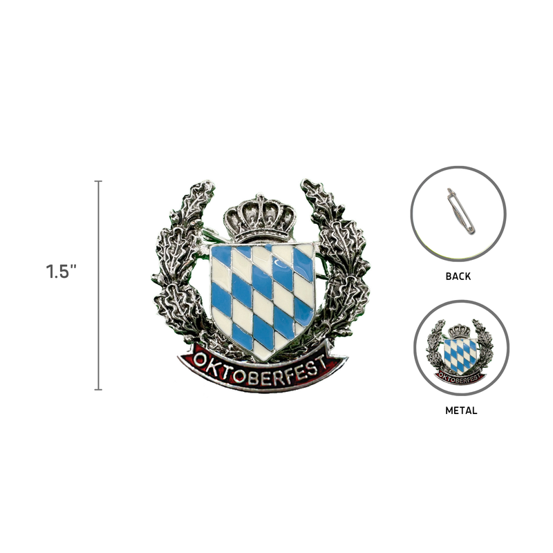 German Themed Hat Pins With Metal Bavarian Coat of Arms, Traditional German Costume Men Accessory with "Oktoberfest" Banner By Oktoberfest Haus