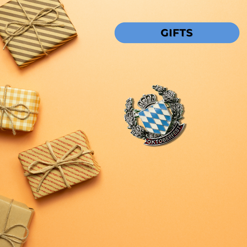 German Themed Hat Pins With Metal Bavarian Coat of Arms, Traditional German Costume Men Accessory with "Oktoberfest" Banner By Oktoberfest Haus