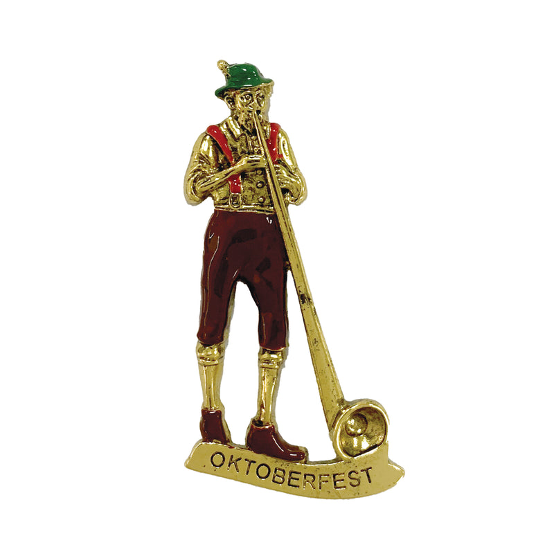 Alpen Horn Player Collectible Metal Hat Pins with Metal Clasp For Men with "Oktoberfest" Banner for German Costume By Oktoberfest Haus