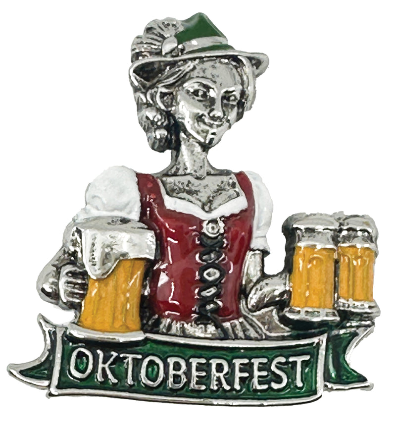 German Festival Lady Collectible Colorful Metal Hat Pin with Metal Clasp For Men with "Oktoberfest" Banner for German Costume By Oktoberfest Haus