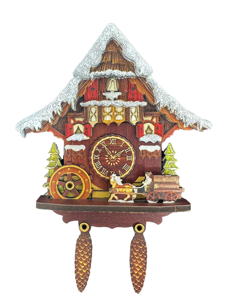 Snow Covered Ornamental Cuckoo Clock Haus Magnet with Waterwheel