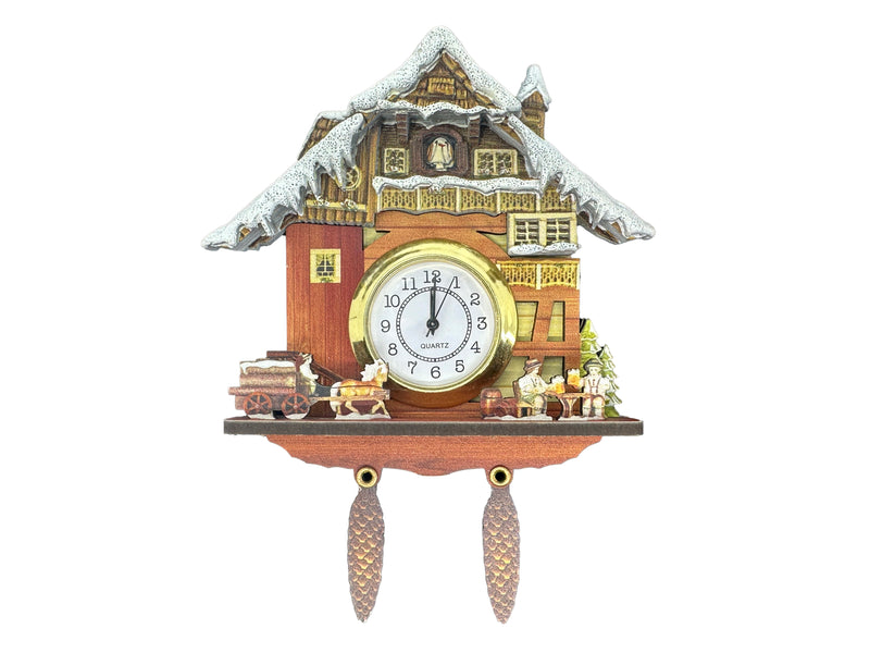 Snow Covered Functioning Cuckoo Clock Haus Magnet with Biergarten